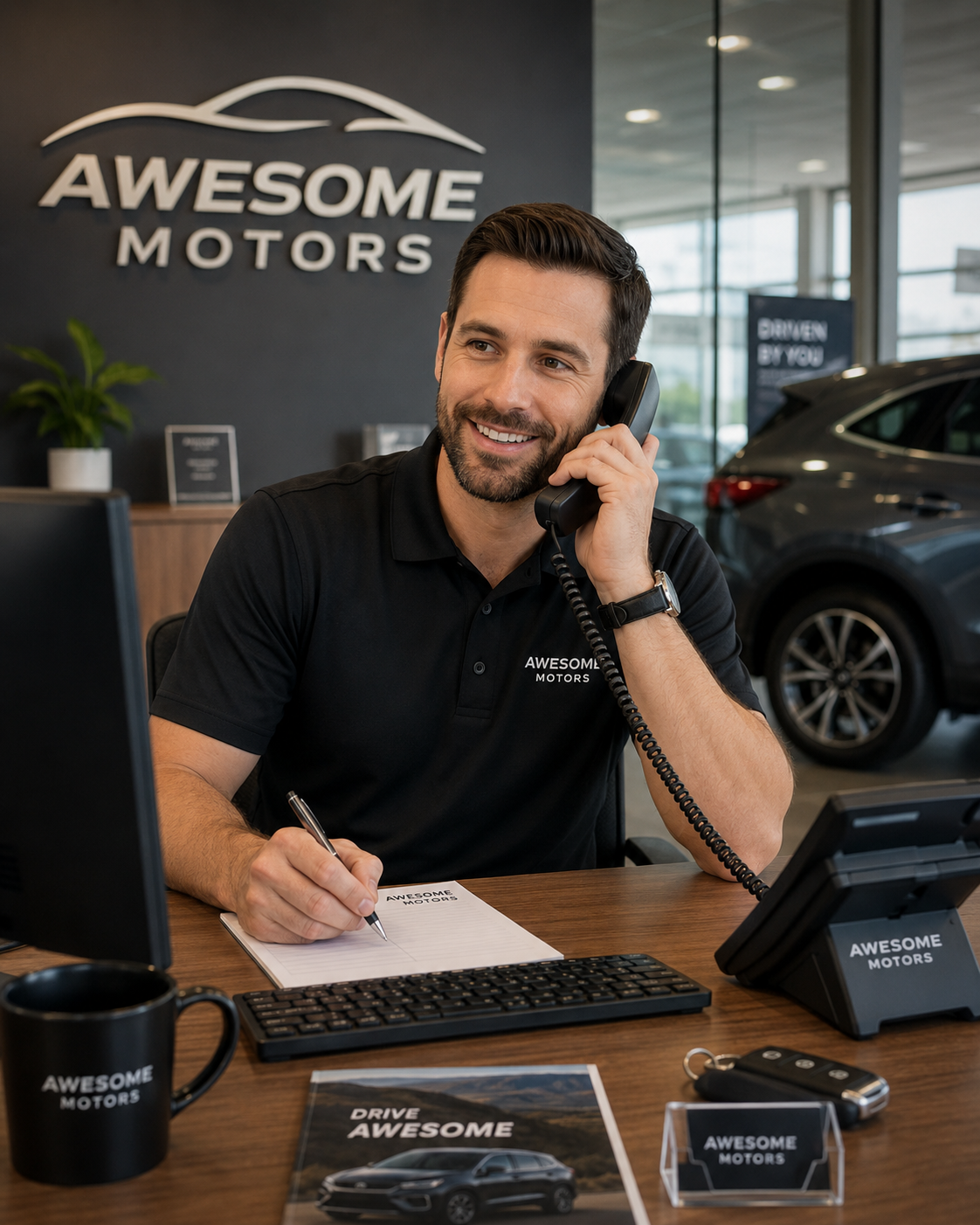 A dealership receptionist routing a caller to the right department