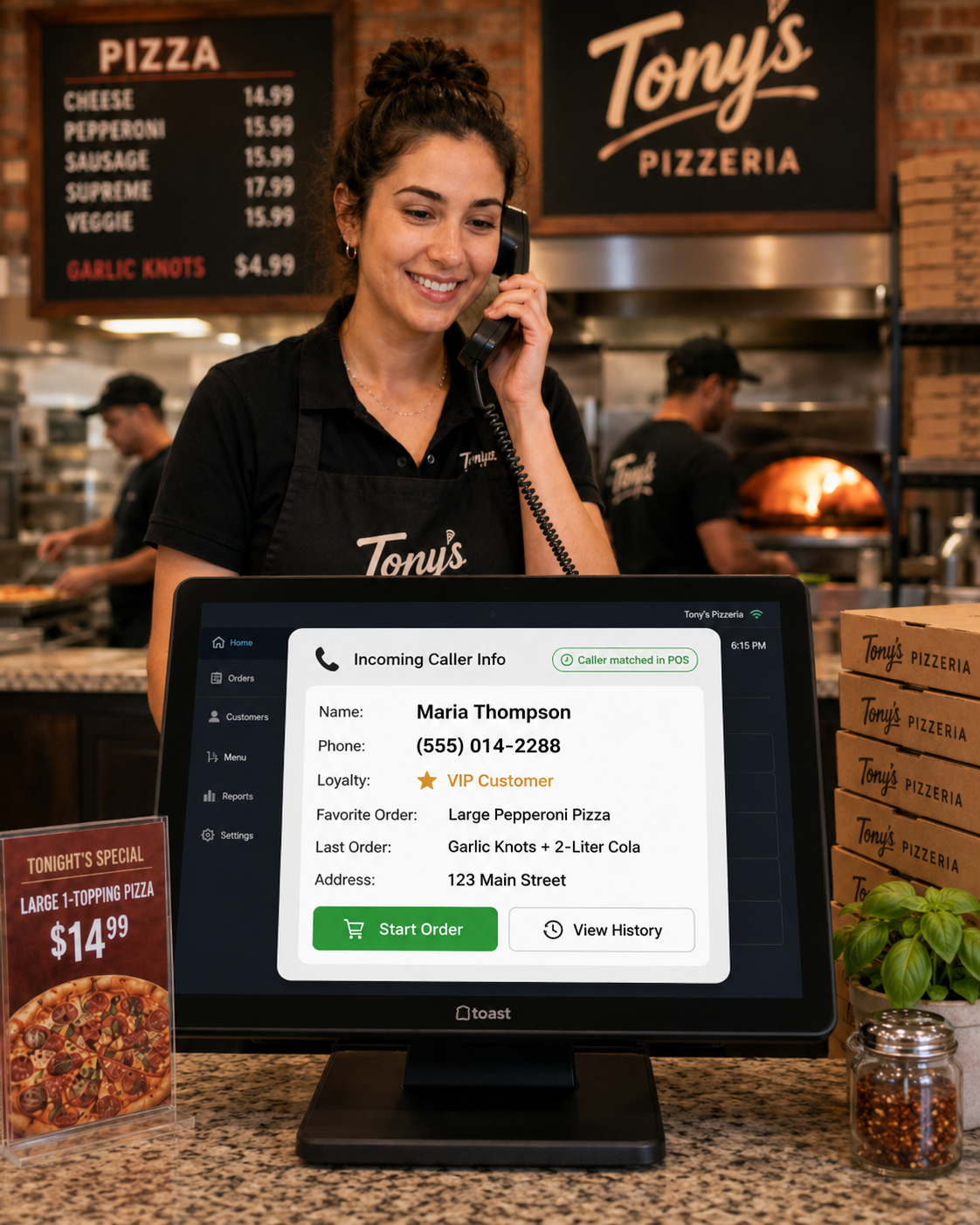 A pizzeria team member viewing a caller's order history on the POS screen